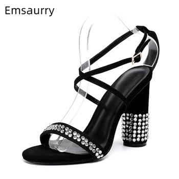 

Jeweled Crystal Round Heel Sandals Women Luxury Suede One-strap Cross-strappy Sexy Open Toe Rhinestone High Heel Shoes Woman