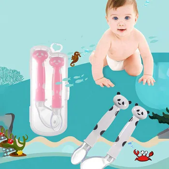 

2Pcs/Set Cartoon Baby Training Spoon Food Grade Silicone Infant Spoon Tableware Double-sided Baby Feeding Tableware Set