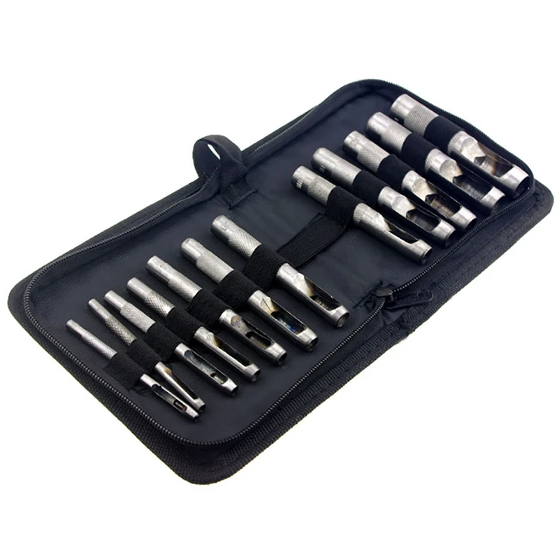 

12Pcs Hollow Metal Leather Punch Set Leather Punch Leather Stamped Punch Belt Punching Tool