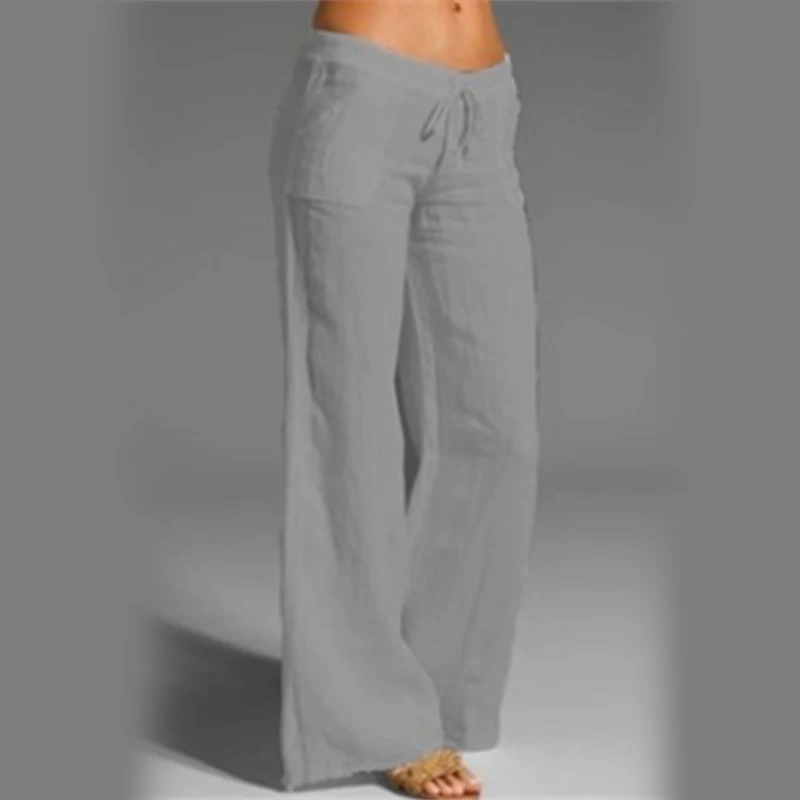 Pantaloni in lino, da donna, estivi, a gamba larga, a vita alta, palazzo, per il tempo libero, in tessuto, con tasche, leggere, a vita alta, in cotone, in tessuto boho, per il
