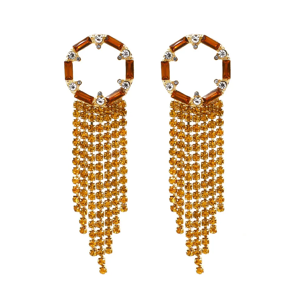 Vodeshanliwen ZA Gold Colorful Metal Annulus Earrings New Designs Rhinestone Tassel Long Earrings For Women Party Accessory - Окраска металла: 19