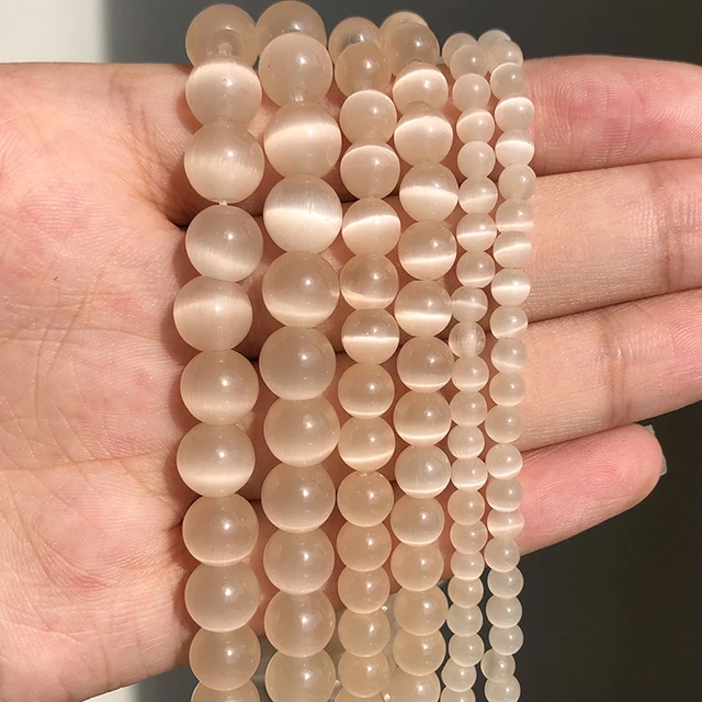 Natural Stone Pink White Moonstone Cat Eye Beads For Jewelry Making Smooth Loose Spacer Beads Opal Diy Charm Bracelets Necklace LIGHT CHAMPAGNE