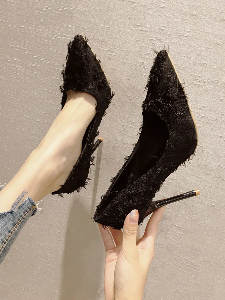 

Online Celebrity High Heel Shoes Women's 2019 Winter New Style Black And White with Pattern Fairy Wind Versatile-Autumn And Wint