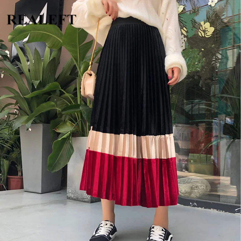 REALEFT женские элегантные Цветные Лоскутные Бархатные длинные плиссированные юбки с высокой талией Harajuku тюлевые трапециевидные юбки женские Осень-зима