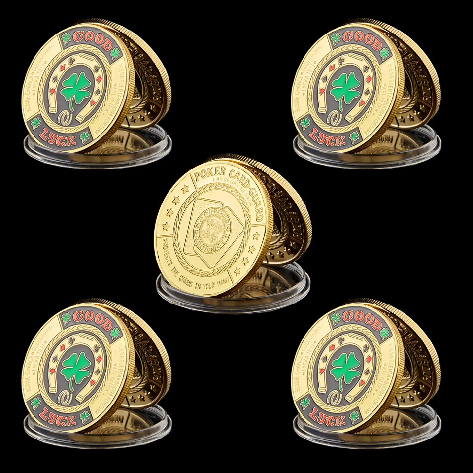 

5Pcs Texas Casino Green Clover Gold Poker Card Guard Lucky Chip Challenge Token Coin Collection and Souvenir Gifts