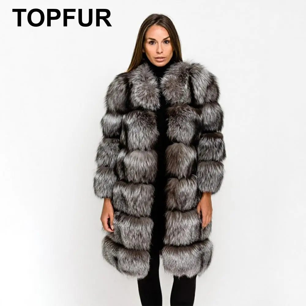 TOPFUR модное серебряное пальто, длинные куртки из лисьего меха, пальто из натурального меха для женщин, пальто из серебристого лисьего меха с меховым капюшоном, длинные рукава