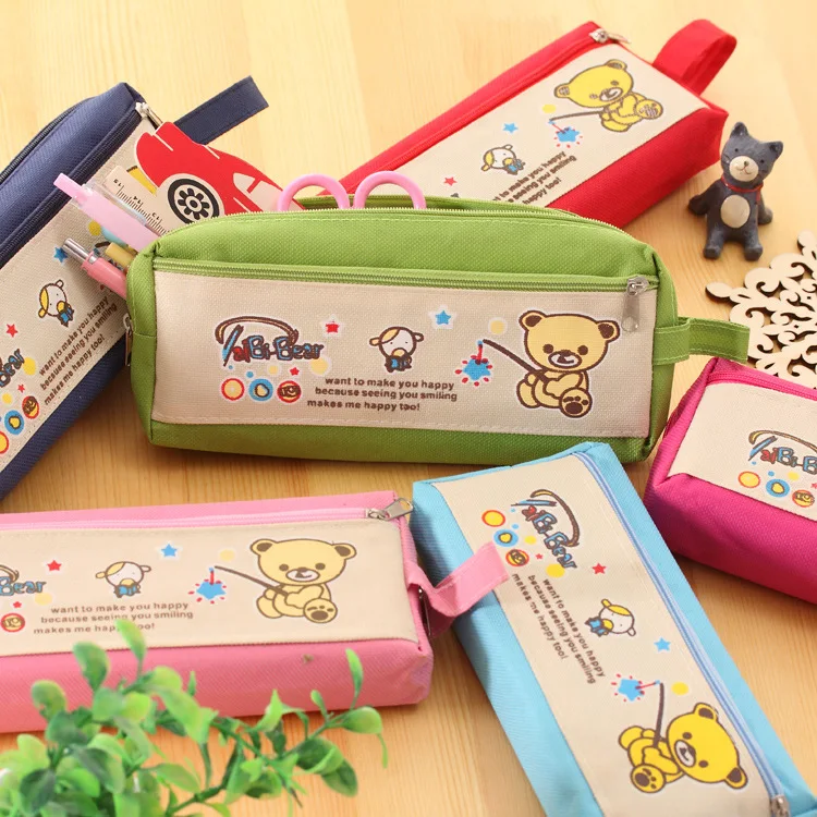 

South Korea-Style Large-Volume Cartoon Bear Zipper Simple Canvas Pen Bag Stationery Box Lead Pencil Case Men And Women Students
