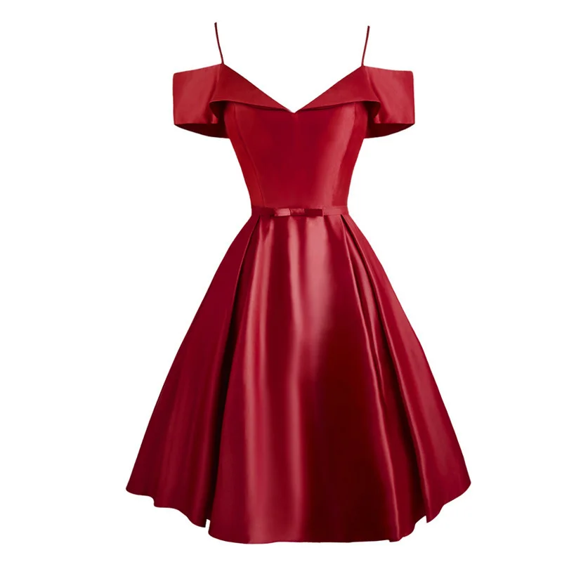 

2020 Spaghetti Strap Vintage Dress Light Blue Bow Front Solid Women Short Sleeve Elegant Ladies Formal Party Sling Vestidos