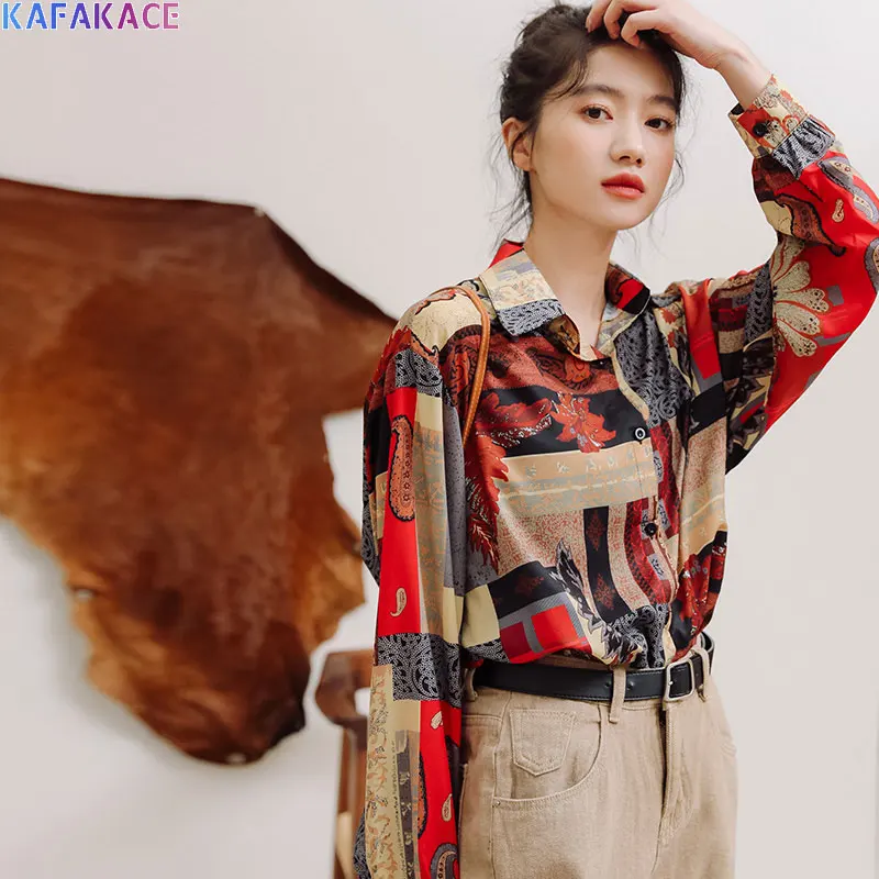

KAFAKACE 2020 Blouses Women Shirts Floral Pattern Print Autumn Lady Shirts Sweet Elegant Vintage Blouse Fashion New Clothing