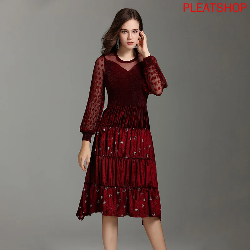 

Issey Pleated Dress Spring New Style Gold Velvet Base Slim Fit Pleated dress pleats elegant free shipping