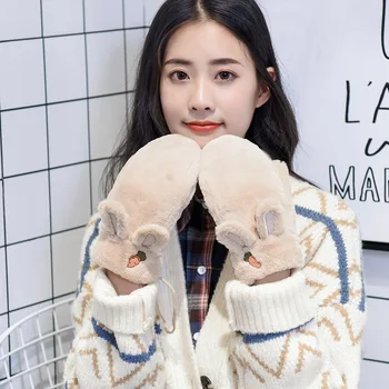 

Women Mittens Winter Cute Rabbit Fur Fingerless Gloves Lady Soft Thick Warm Windproof Female Driving Gloves Mittens