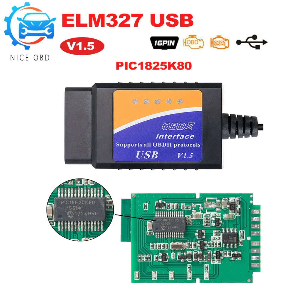 Автомобильный диагностический сканер и кабель ELM 327 USB V1.5 pic25k80|Считыватели кодов