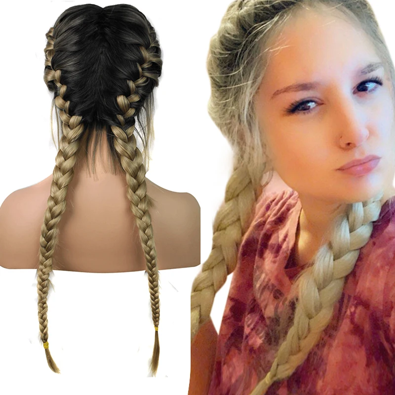 Anogol-trenzas dobles prearrancadas pelo sintético con malla frontal y pelo de bebé, color negro, marrón, raíces oscuras, Rubio degradado