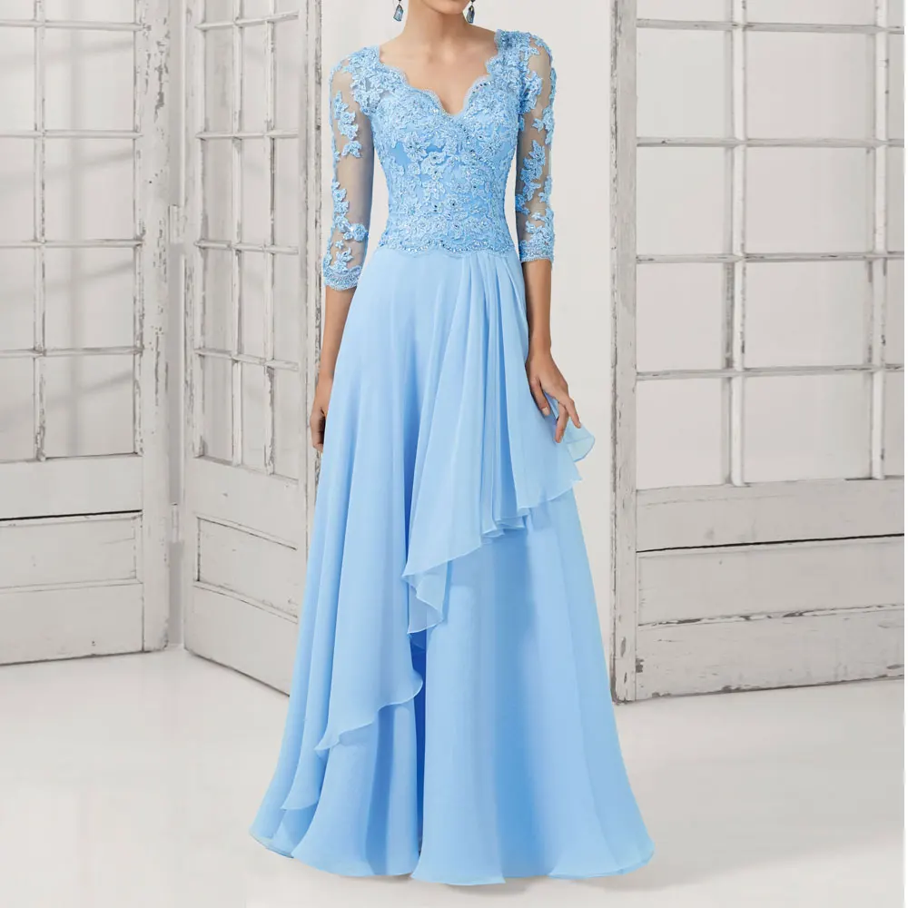 

Lace Long Design Formal Pearl Elegant V-Neck Plus Size Party Evening Gown Chiffon Prom Black Blue mother of the bride dresses