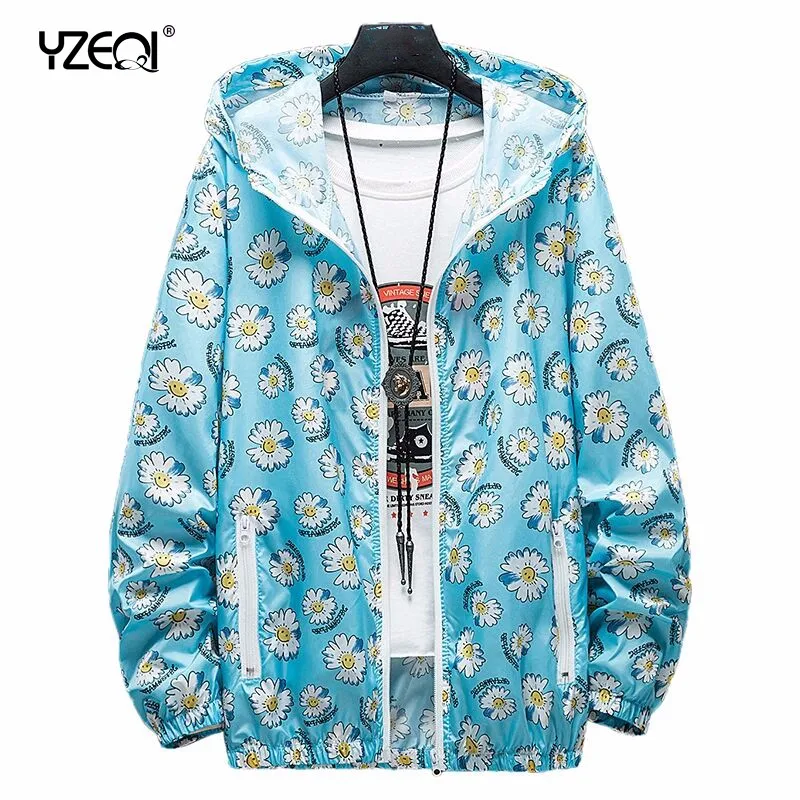 

Yzeqi Summer Women Windbreaker Jacket Printed Daisy Hooded Jacket Basic Loose Thin Coat Sun-protective Clothing Female Beachwear