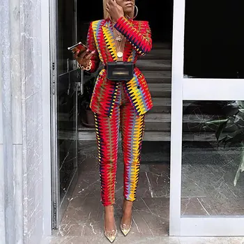 

Spring Autumn Women Tracksuits Long Sleeve Blazer and Straight Pants Suits OL Women Striped Print Casual Fashion Two Piece Set