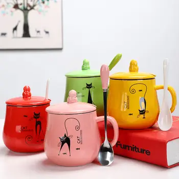

350ml Cute Ceramic Cat Coffee Cup with Lid Spoon Milk Cup Animal Mugs Creative Drinkwares Novelty Gifts for Friend Teacup