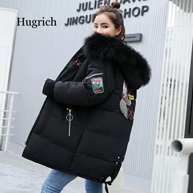 Women's British Fashionable Cloth Pasted Embroidered Thickened Medium Length Cotton Padded Jacket