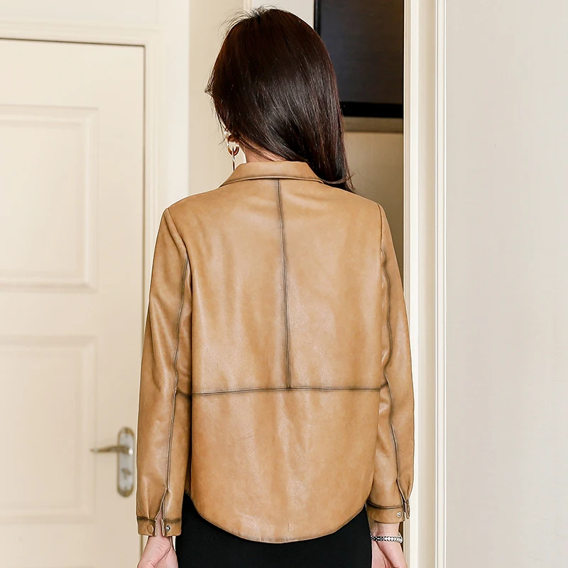 PTSLAN Women's Genuine Leather Jacket Real Sheepskin Jackets Coat Clothes Motorcycle