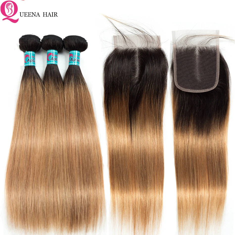 

Raw Indian Straight Hair 3 Bundles With Closure 1B/27 Omber Pre-colored Human Hair Straight Ombre Blonde Bundles With Closure
