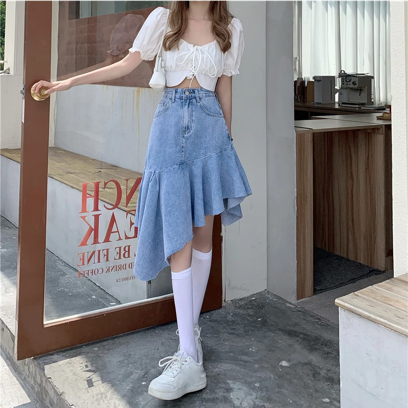 Female Temperament Fishtail Skirt Ruffled Denim Skirt Female Summer New ...