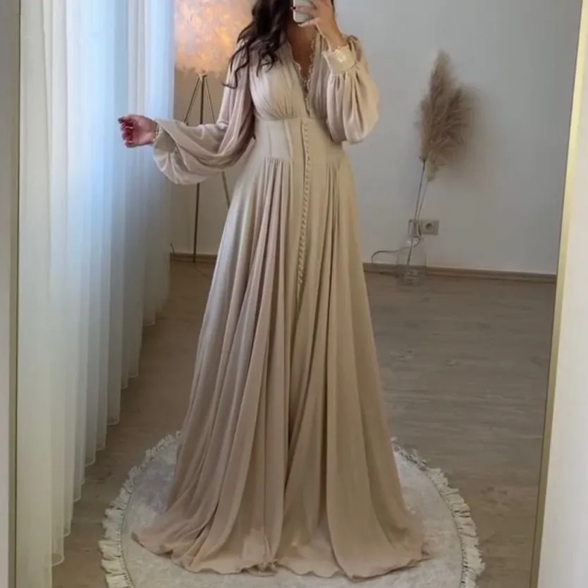 

Muslim Evening Dresses For Women Party Champagne Long Sleeve Dubai Formal Prom Gown A-Line Chiffon Vestidos De Fiesta