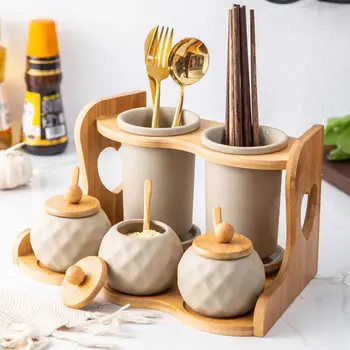 

1 Set Creative Ceramic Seasoning Jar Set Kitchen Storage Rack Double Layer Wooden Rack Spice Jar Kitchen Organizer
