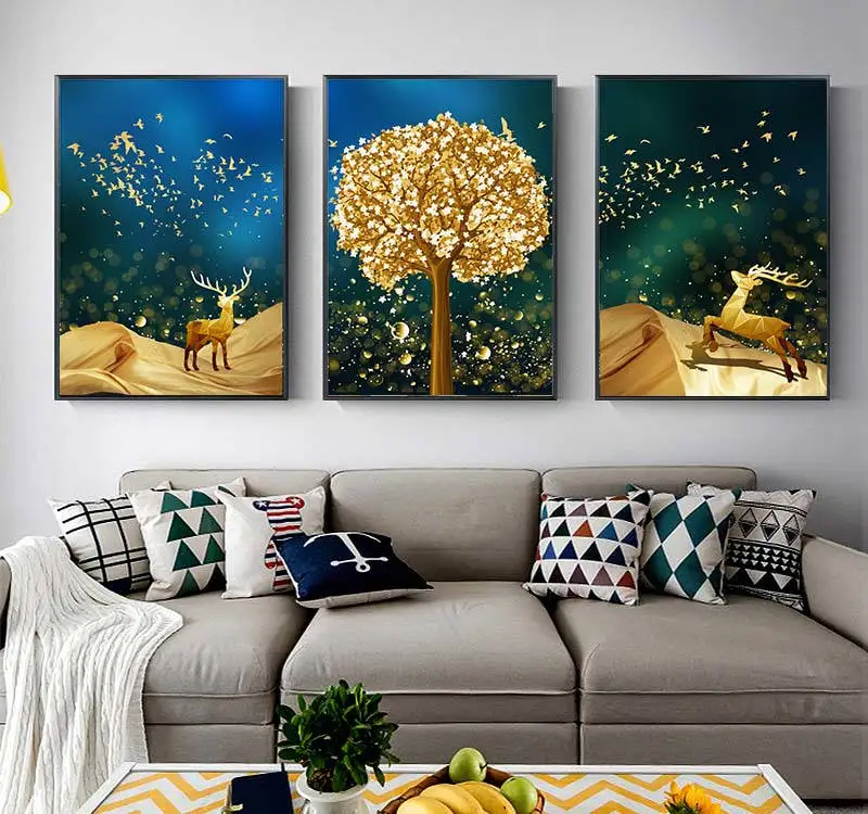 

Golen Tree and Sika Deer Abstract Ink Dots Canvas Painting Posters And Modern Home Decor Wall Art Pictures For Living Room Aisle