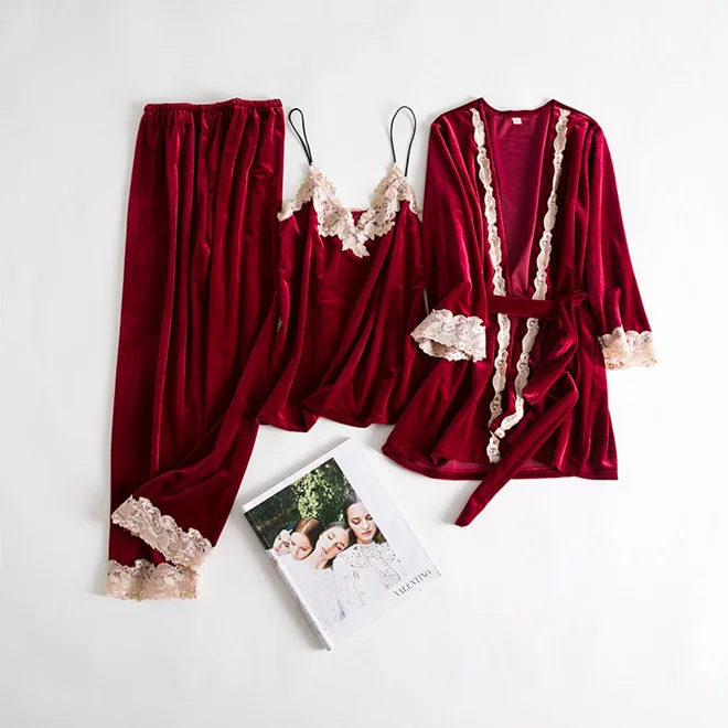 Женский велюровый пижамный комплект из 3 предметов, одежда для сна на осень и зиму, домашняя одежда, Женская бархатная Ночная одежда, повседневный комплект для сна, интимное белье
