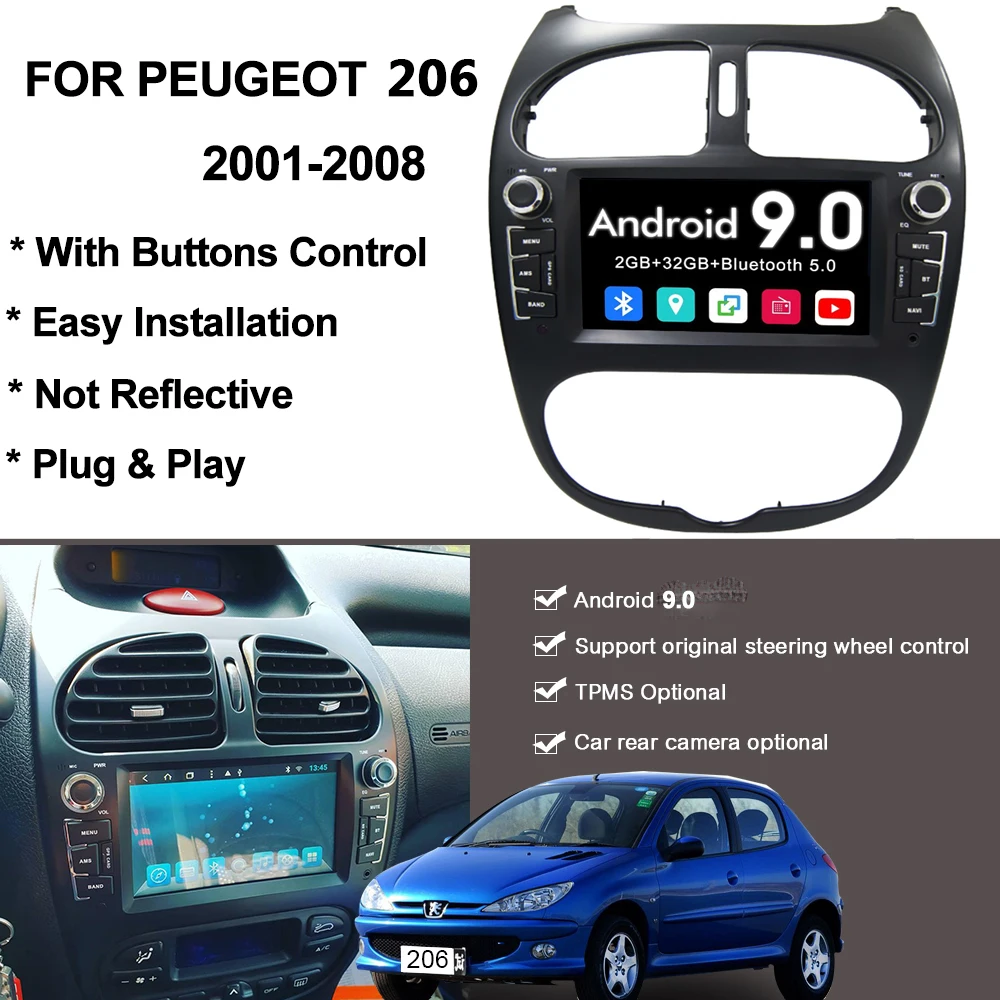 YAZH Android 9.0 DVD CD Player For Peugeot 206 2002 2003 2004 2005 2006 2007 2008 Auto Radio With Bluetooth 5.0 Screen Link SWC YAZH Android 9.0 DVD CD Player For Peugeot 206 2002 2003 2004 2005 2006 2007 2008 Auto Radio With Bluetooth 5.0 Screen Link SWC