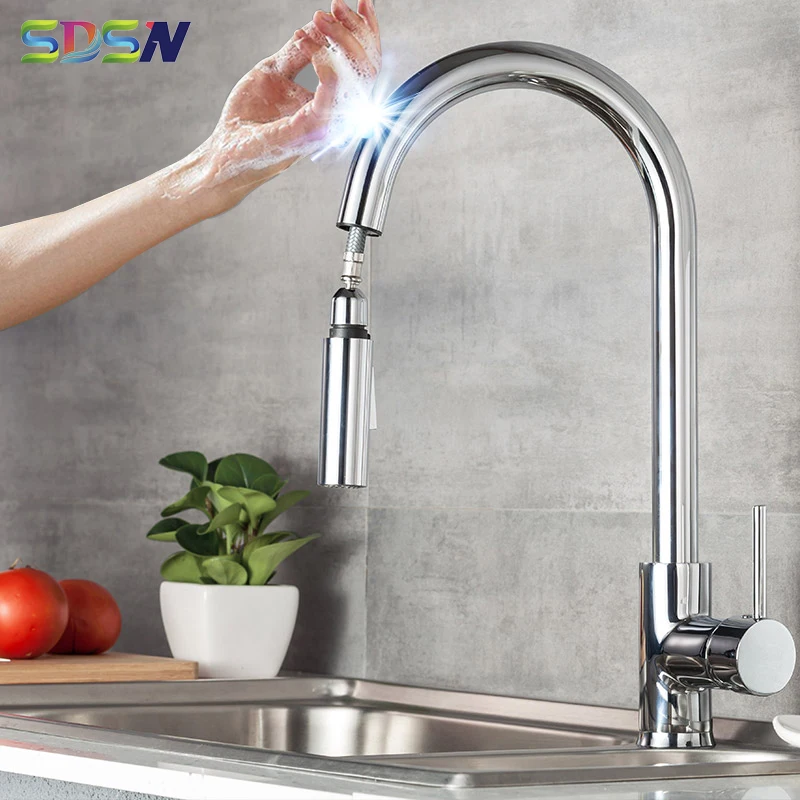 Touch Kitchen Faucets Polished Chrome Kitchen Sink Faucet Smart Touch Sensor Kitchen Faucets Hot Cold Pull Out Kitchen Mixer Tap