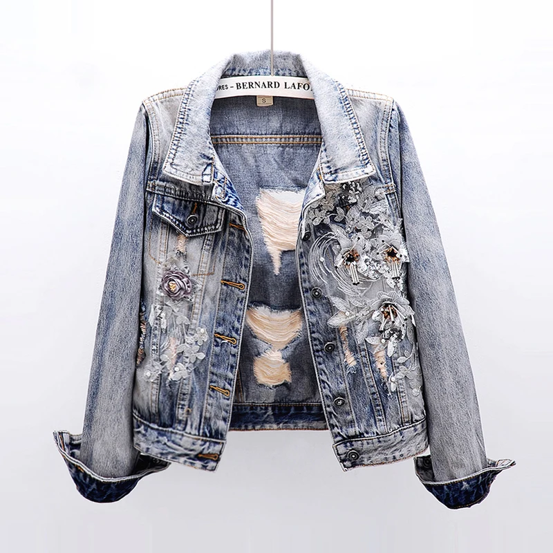 

Spring Autumn Washed Vintage Embroidery 3D Flower Beading Women Hole Denim jacket Chaquetas mujer Short Plus size Jean jacket