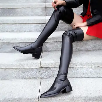 

LAIGZEM Women Stretchy Thigh High Boots Pull On Low Chunky Heels Boots Over Knee High Boots Shoes Woman Botas Size 33 40 42 43