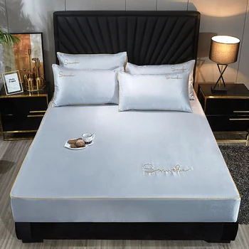 

3pc Bed sheet set solid ice silk cool Summer fitted sheet blue pink full queen mattress cover bed clothes bed cover with rubber
