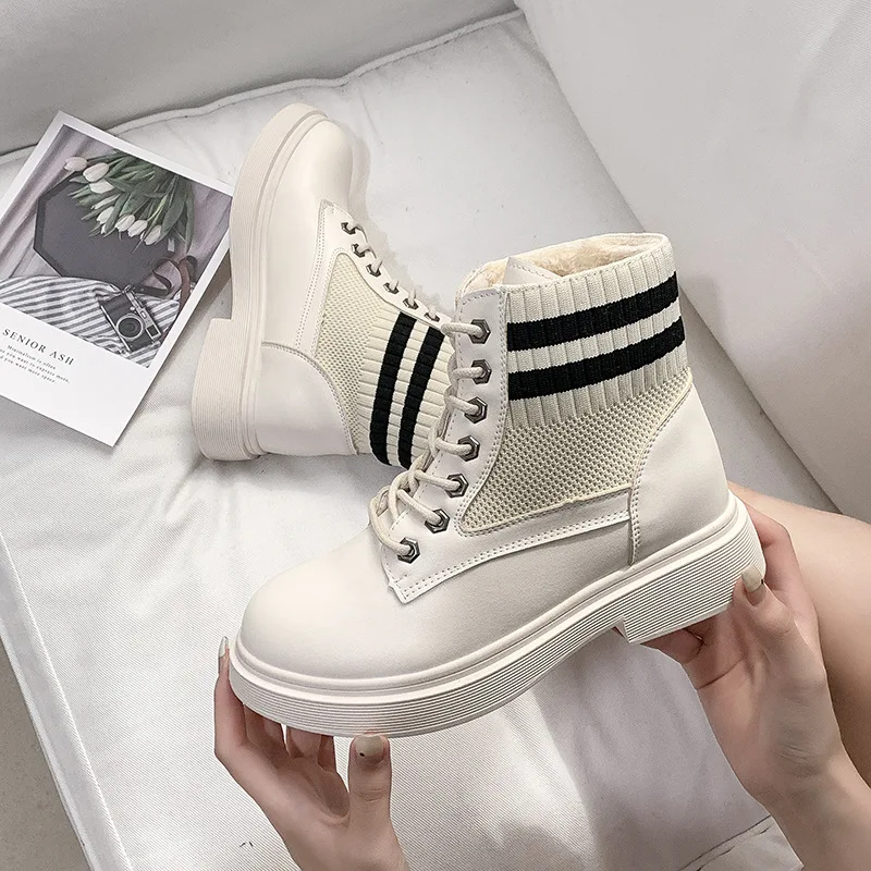 

2019 Autumn And Winter New Style plus Velvet Warm Lace-up Women's Boots Knitted Anti-slip Martin Boots Short Boots round-Toe Chu