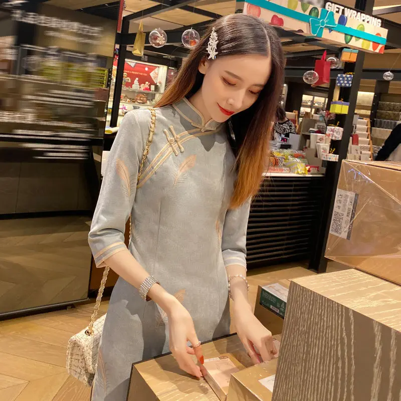 

Cheongsam skirt modern sweet improved version young girl spring summer long sleeve retro 2021 dress chinese traditional dress