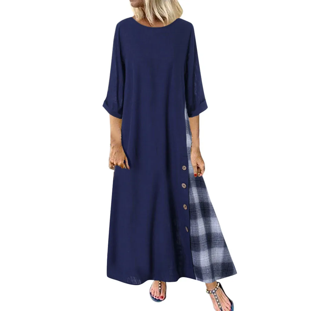 

JAYCOSIN Autumn Patchwork 3/4 Sleeves Women Casual O-Neck Button High Low Hem Plus Size long sundress vestidos 9817
