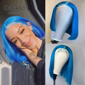 

COLODO Straight Preplucked Short Bob Wigs Brazilian Remy Pink Lace Front Human Hair Wigs Blue Full Lace Wig For Black Women