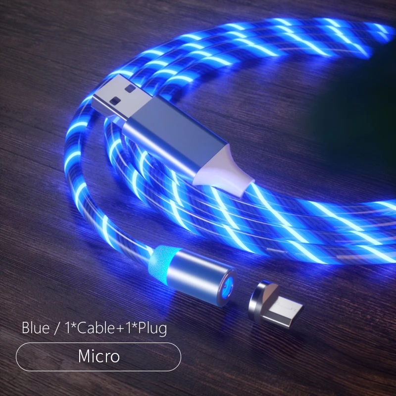 Световой поток для iPhone кабель Магнитный Micro USB кабель освещение Тип C провод для samsung huawei Зарядка светодиодный Micro usb type C - Тип штекера: LED-MICRO-BLUE