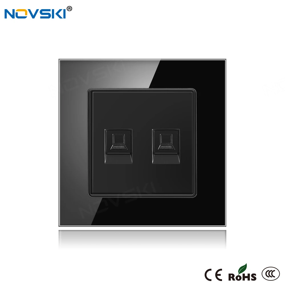 

NOVSKI Luxury RJ45 cat6 10Gb Data Socket, SATV Tel Socket Black Crystal Glass 86*86 mm PC Panel, Cable TV outlet