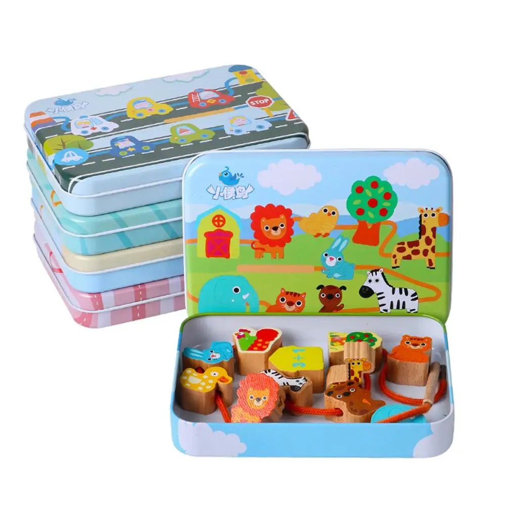 

Wooden Cartoon Fruit Animal Lacing Threading Beads Educational Children Toy