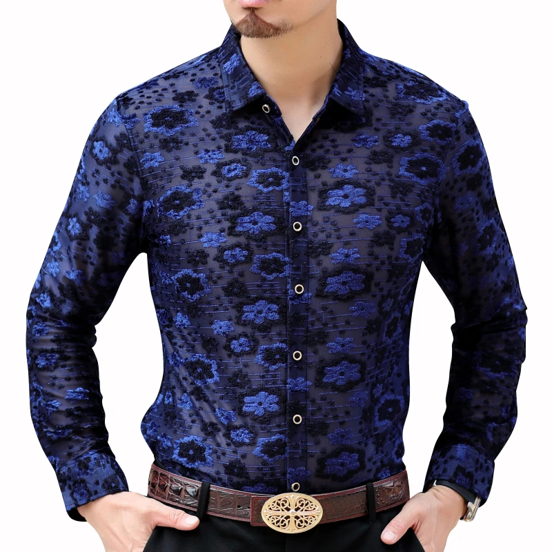 Chemise Homme Autumn Men Blue Print Floral Shirt Business Office Hawaii See Throughs Mens Button Party For | Мужская одежда