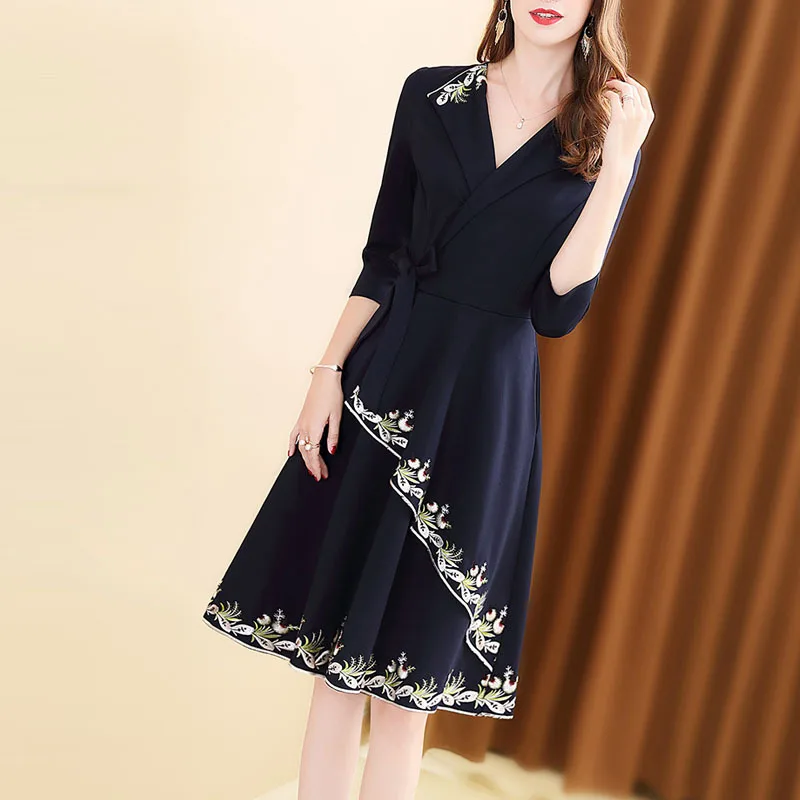 

Europe And America Jersey Dress 2019 New Style Mid-length Solid Color Embroidered Elegant Dignified Slimming Popular Skirt