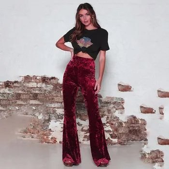 

iClosam Vintage Pleuche Pants Women Fashion Solid Elasticity Trousers High Waisted flare leggings Disco Lady Bottom