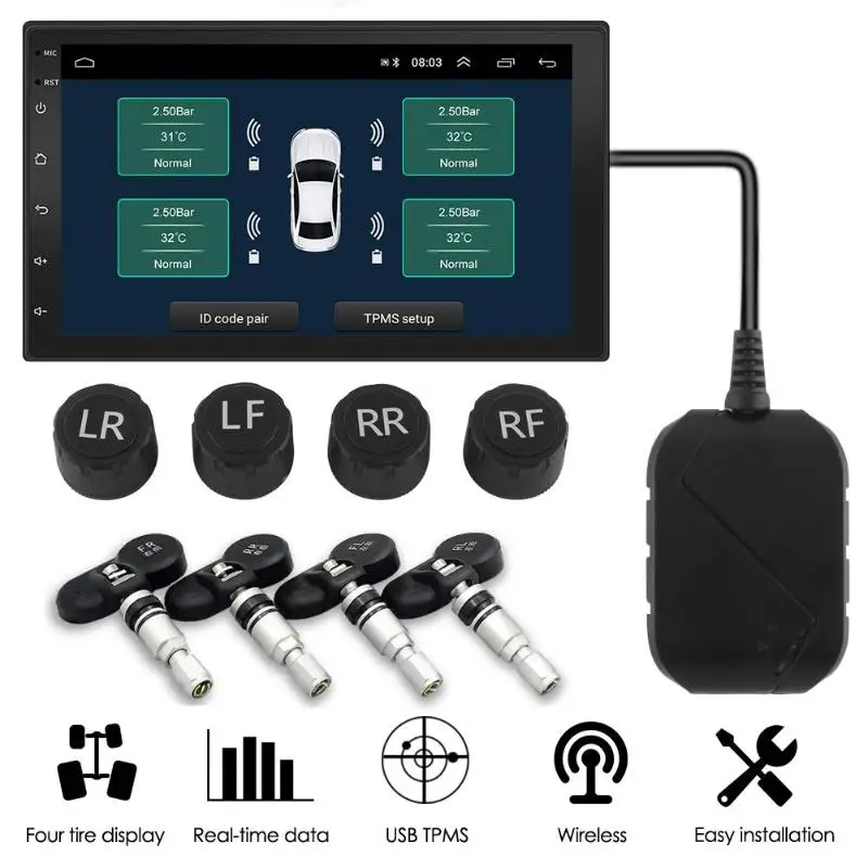  Sistema de alarma de monitoreo de presión de neumáticos para Auto TPMS de coche USB para navegación