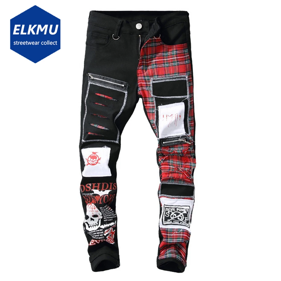 

Punk Skulls Jeans Plaid Patchwork Printed Denim Pants Streetwear Harajuku Fashion Black Slim Jeans Trousers