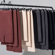 PEONFLY, элегантные, с разрезом, миди, вязаные юбки, новинка, весенние, одноцветные, теплые, с высокой талией, корейский стиль, тонкие, до середины икры, юбки для девушек