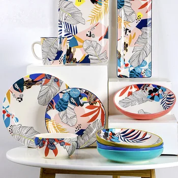 세라믹 접시 지중해 스타일 스테이크 접시 수프 접시 머그잔 그릇 트레이 가정용 깊은 접시 Underglaze 과일 샐러드 접시