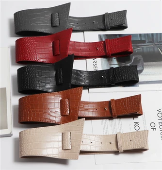 

Women sexy crocodile pattern wide belt asymmetric irregular brief black belt sexy fashion designer waistband brown red beige