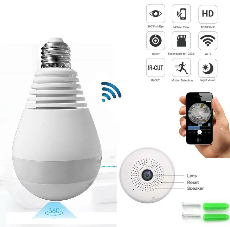 HD 1080P Wi Fi IP камера 360 ° VR панорамная рыбий глаз скрытый светильник лампа для